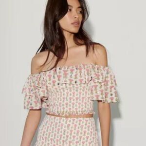 Saylor Milley Floral Metallic Smocked Off Shoulder Cropped Top XS